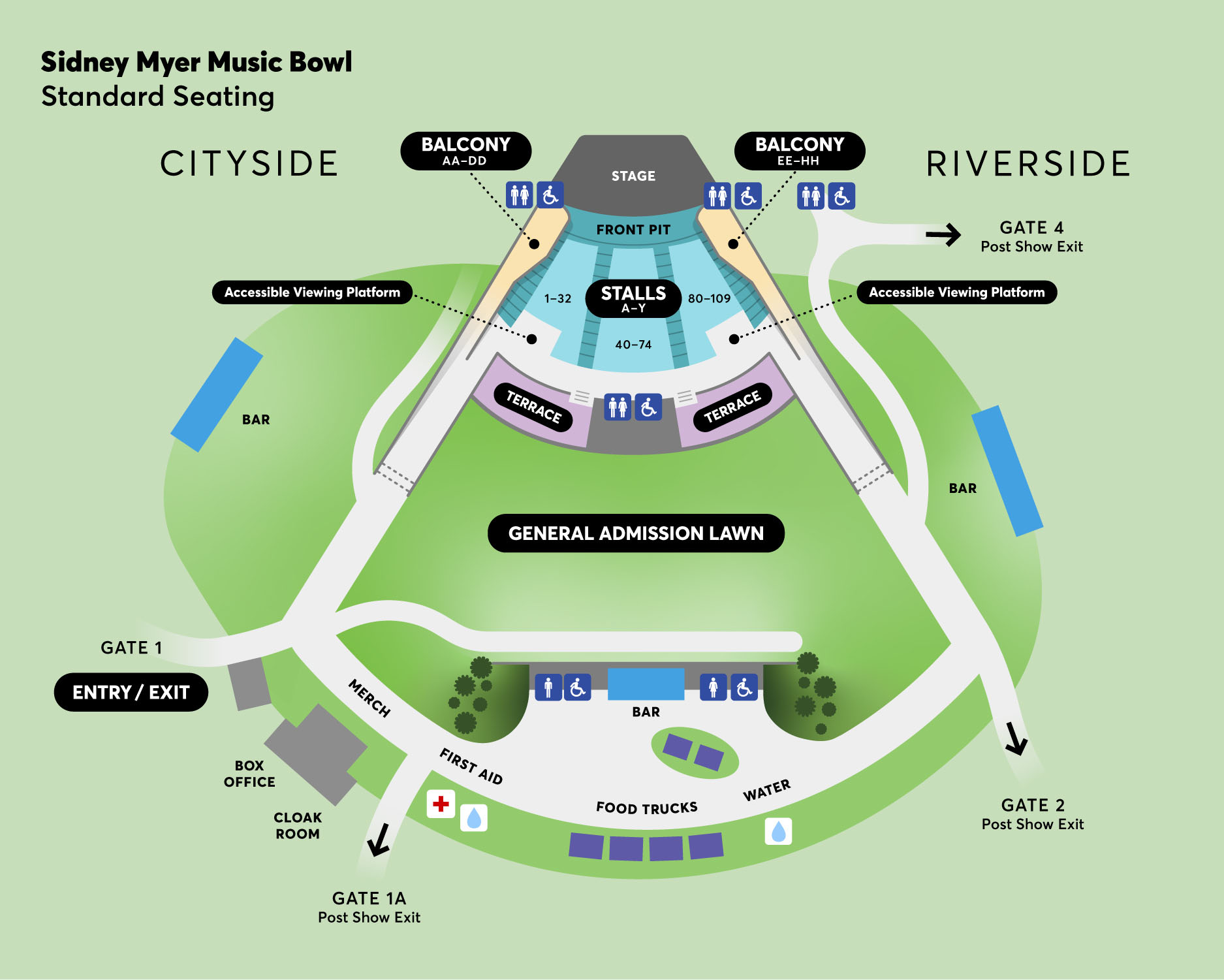 A venue map of the Sidney Myer Music Bowl.