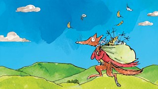 A Quentin Blake illustration depicting Fantastic Mr Fox running along green hills carrying a bulging sack over his shoulder. Out of the sack, you can see feathers flying into the air and chicken feet pointing straight up.