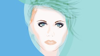 Sketch of Olivia-Newton John in pastel colours of blue, green and cream.