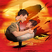 Two people embracing, looking into each others eyes. the background is red and orange.