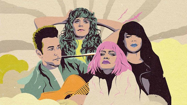 An illustration of four people, surrounded by clouds. At the front stands a woman with medium length pink hair, and a man with short brown hair holding a guitar. At the back stands a woman with curly green hair with her hands above her head, and a woman with dark hair and blue lipstick.