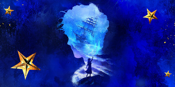 A silhouette of a persons head. Inside it is a composite image of a ship crashing against waves, and a person in a dress with their arm raised to the sky. Surrounding the image is blue and black smoke, and large gold stars.