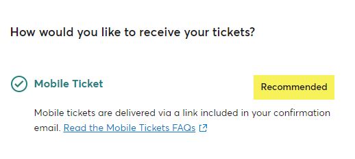 A screenshot of the Mobile Ticket as a delivery option in the checkout